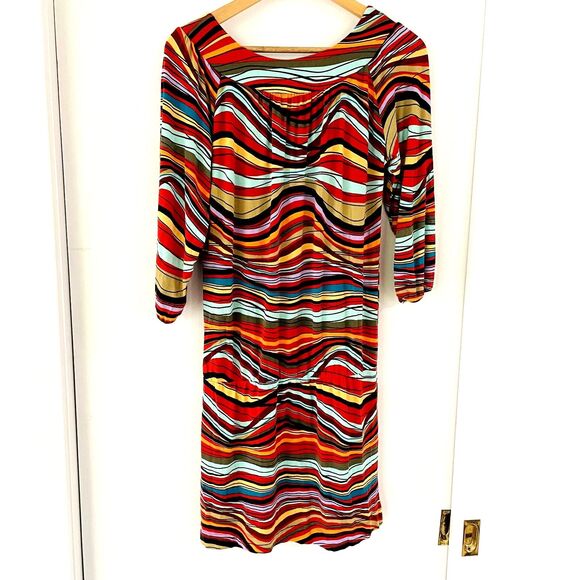 BCBG MaxAzria Womens Scoop Dress Small Drop Waist Blouson Knee Length Geometric - Picture 1 of 11